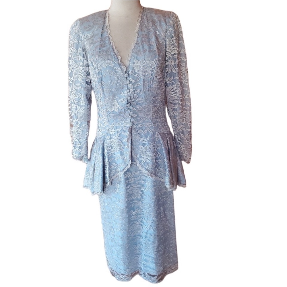 1980s Sylvia Ann Baby Blue & White Lace Skirt Set